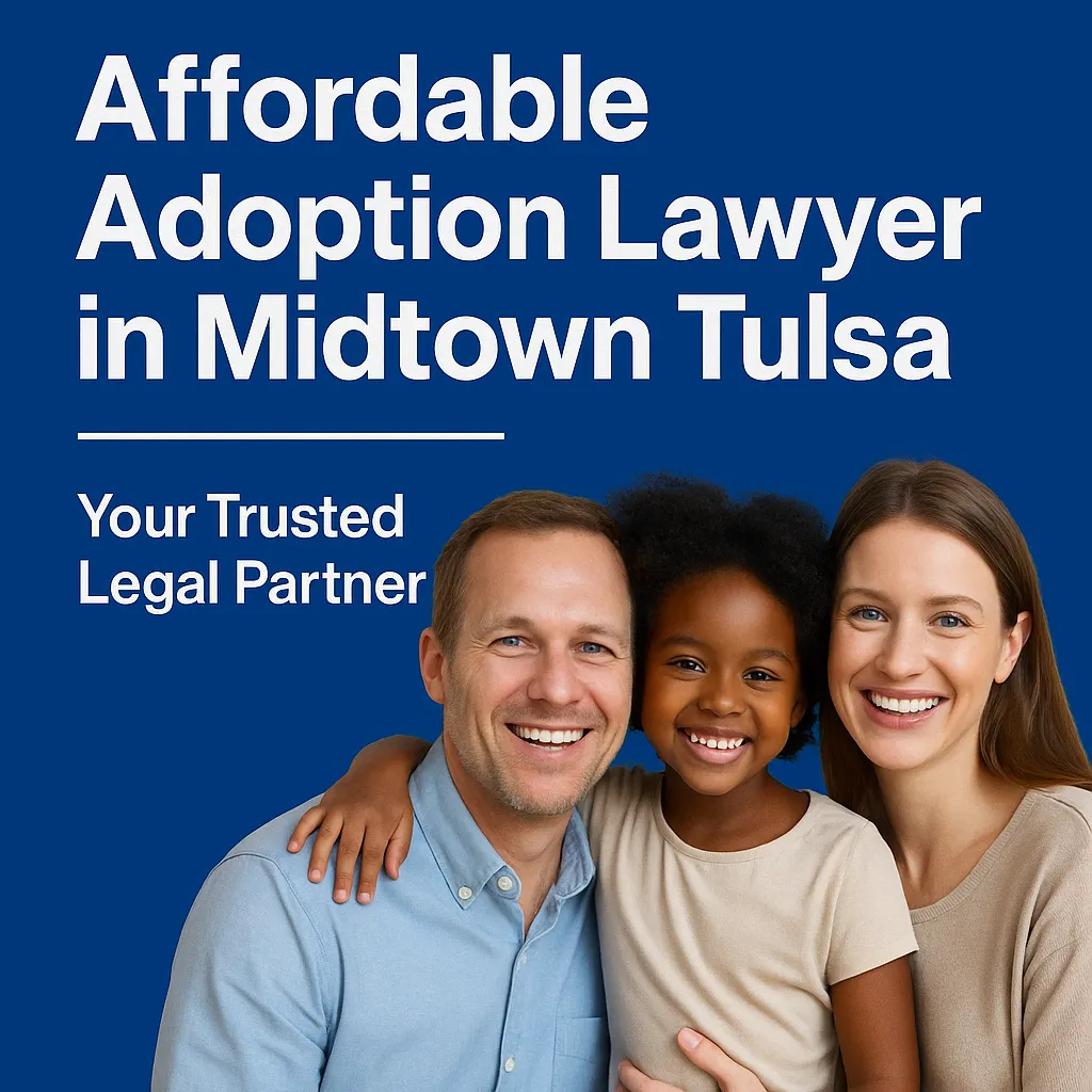 Affordable adoption lawyer in Midtown Tulsa, happy family with smiling parents and child, trusted legal partner, supportive adoption services.