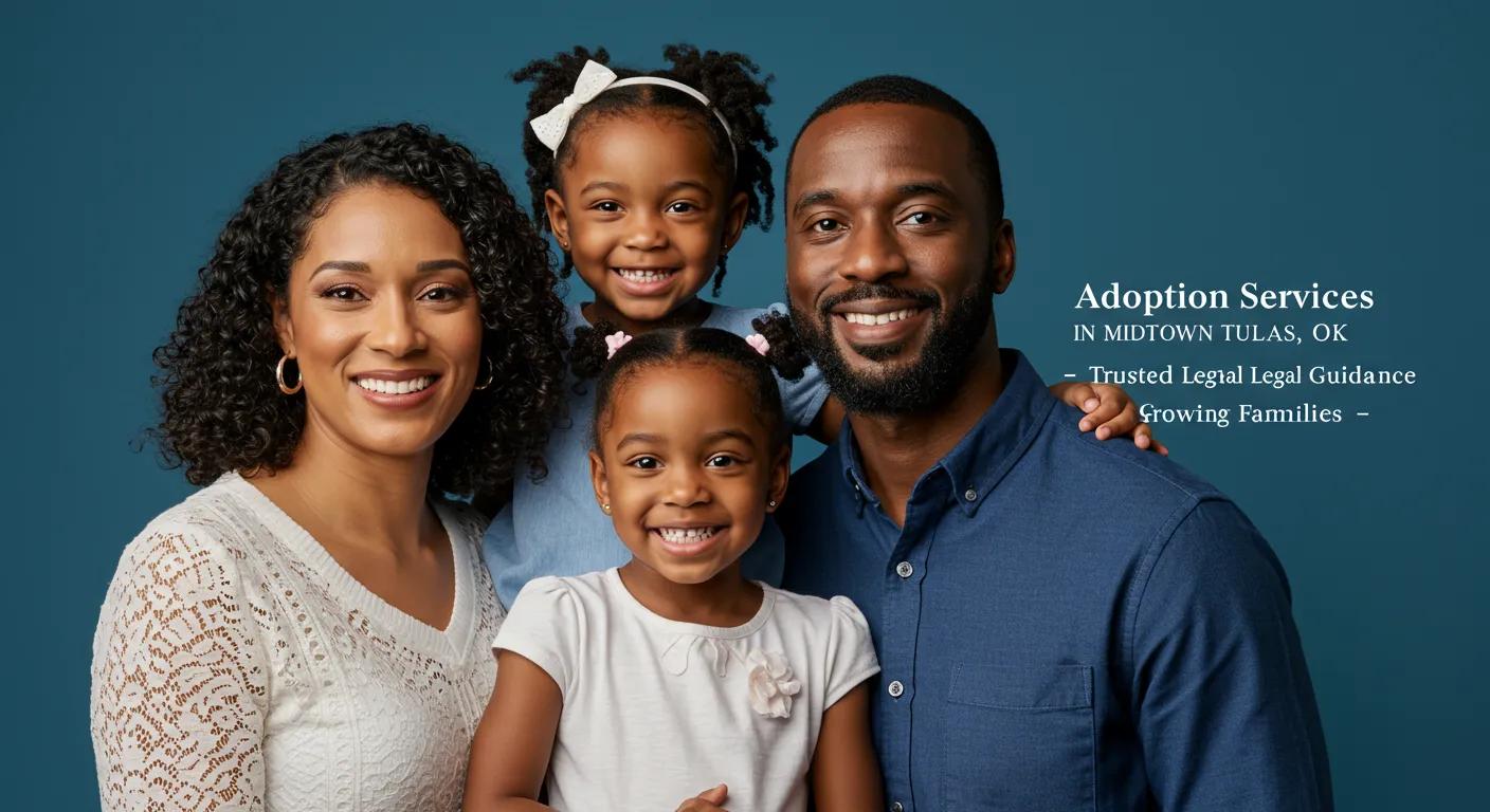 Family portrait featuring a smiling couple and two children, representing adoption services in Midtown Tulsa, OK, emphasizing trusted legal guidance for growing families.