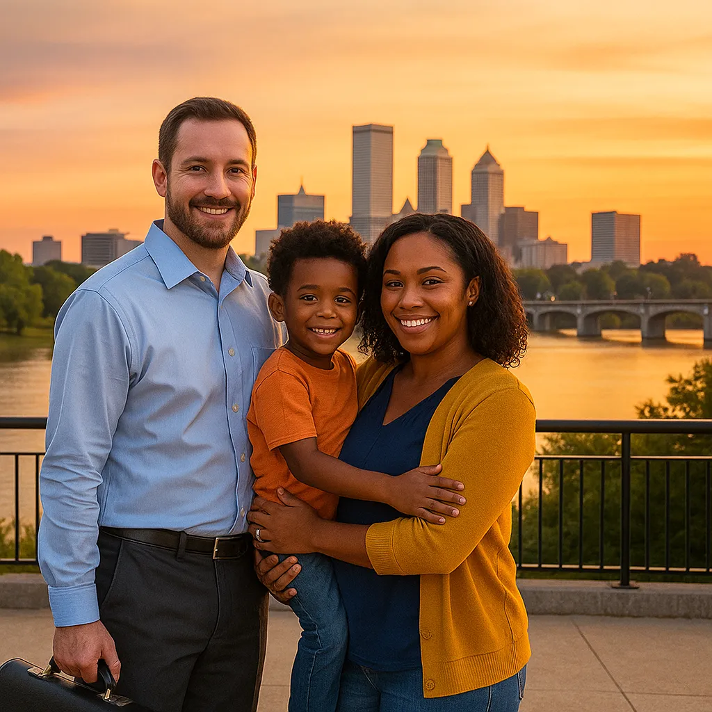 Family portrait of a man in a light blue shirt, a woman in a yellow cardigan, and a smiling boy in an orange shirt, set against a sunset skyline, symbolizing family unity and adoption services in Tulsa, Oklahoma.