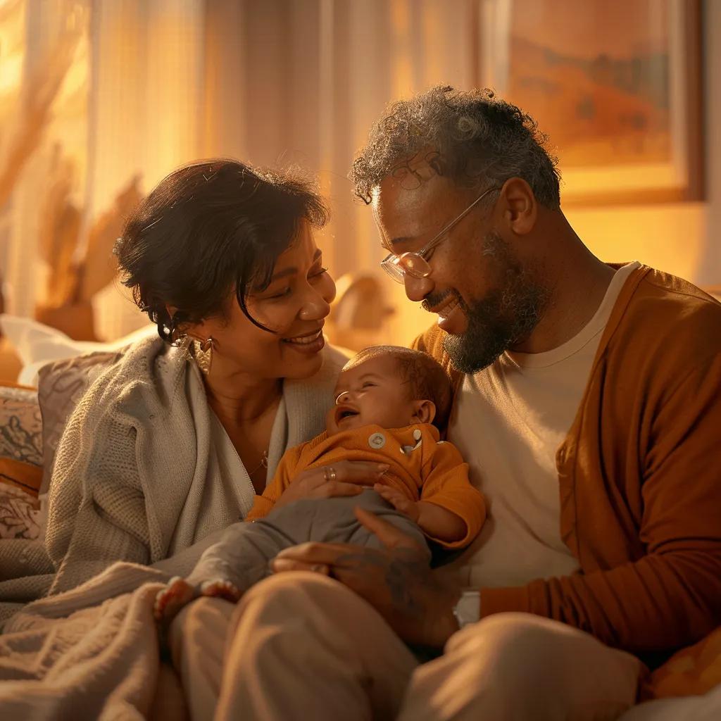 Family of three enjoying quality time together, smiling at their infant in a cozy home setting, emphasizing themes of love and connection relevant to adoption and family law.