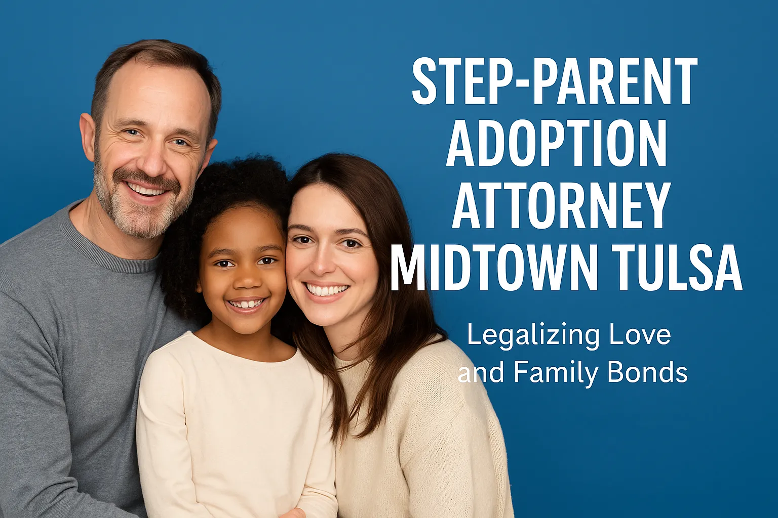 Smiling family with a stepfather, stepmother, and daughter promoting step-parent adoption services in Midtown Tulsa, emphasizing legalizing love and family bonds.