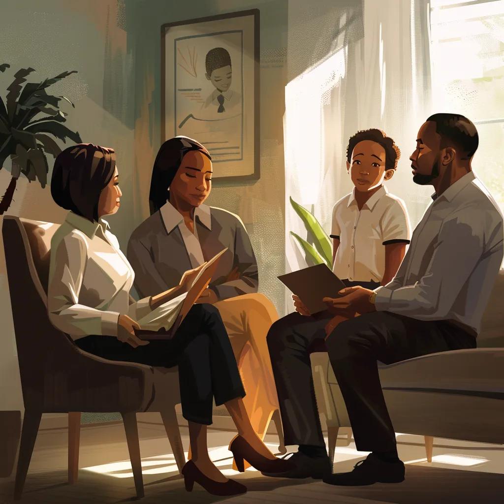 Group meeting discussing adoption process, featuring two adults and a child in a cozy office setting, with documents in hand and a supportive atmosphere.