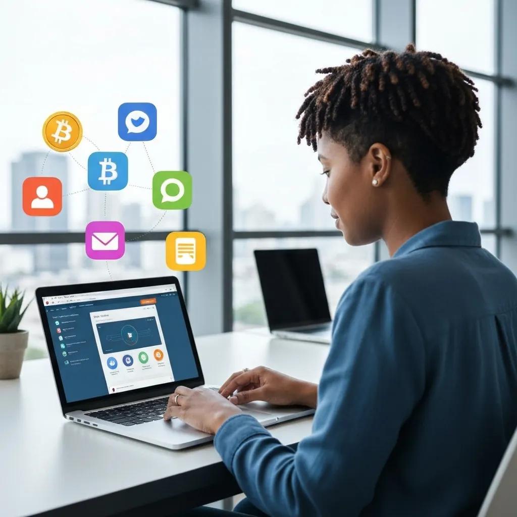 A person managing their digital assets on a laptop, surrounded by various digital icons representing online accounts and data.