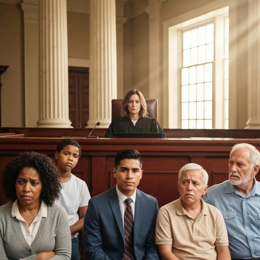 A diverse group of individuals in a courtroom during a guardianship hearing, with a judge presiding