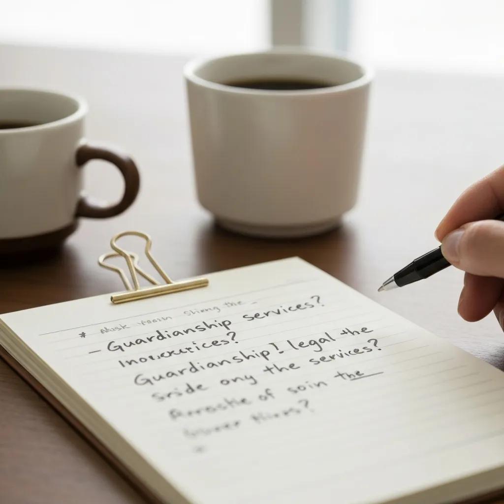 A notepad with handwritten questions about legal guardianship services, alongside a pen