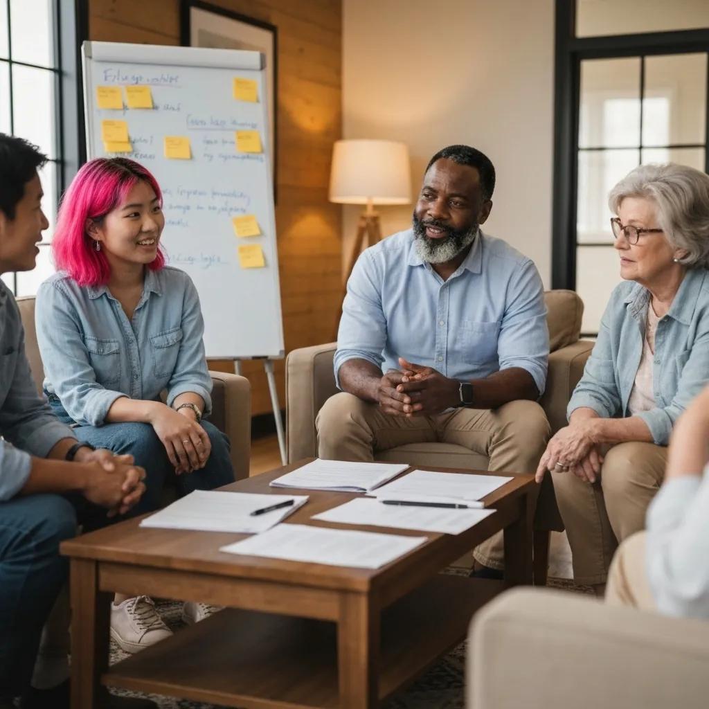 Group of adults in a meeting discussing legal documents and options for guardianship