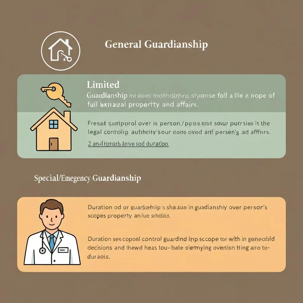An illustration depicting the different categories of guardianship in Oklahoma, including general, limited, and special/emergency guardianship.