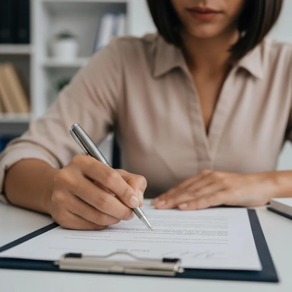 A client signing legal guardianship documents in a professional office setting