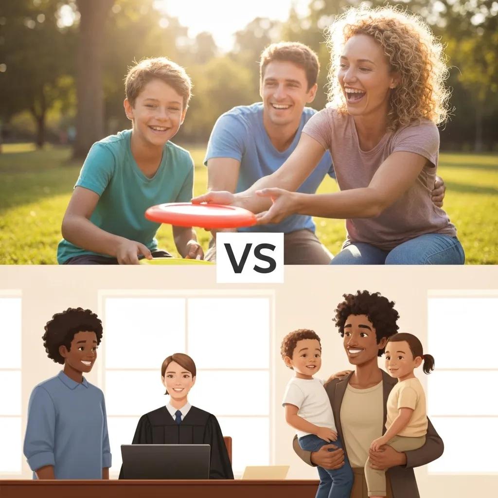 A visual comparison of family dynamics in guardianship versus adoption, highlighting emotional bonds and support systems