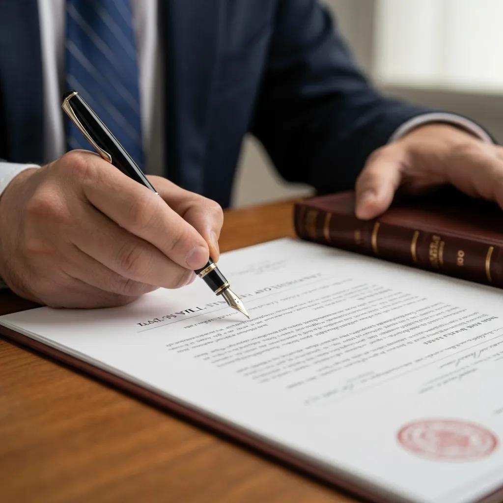 A person signing a last will and testament in a professional office setting