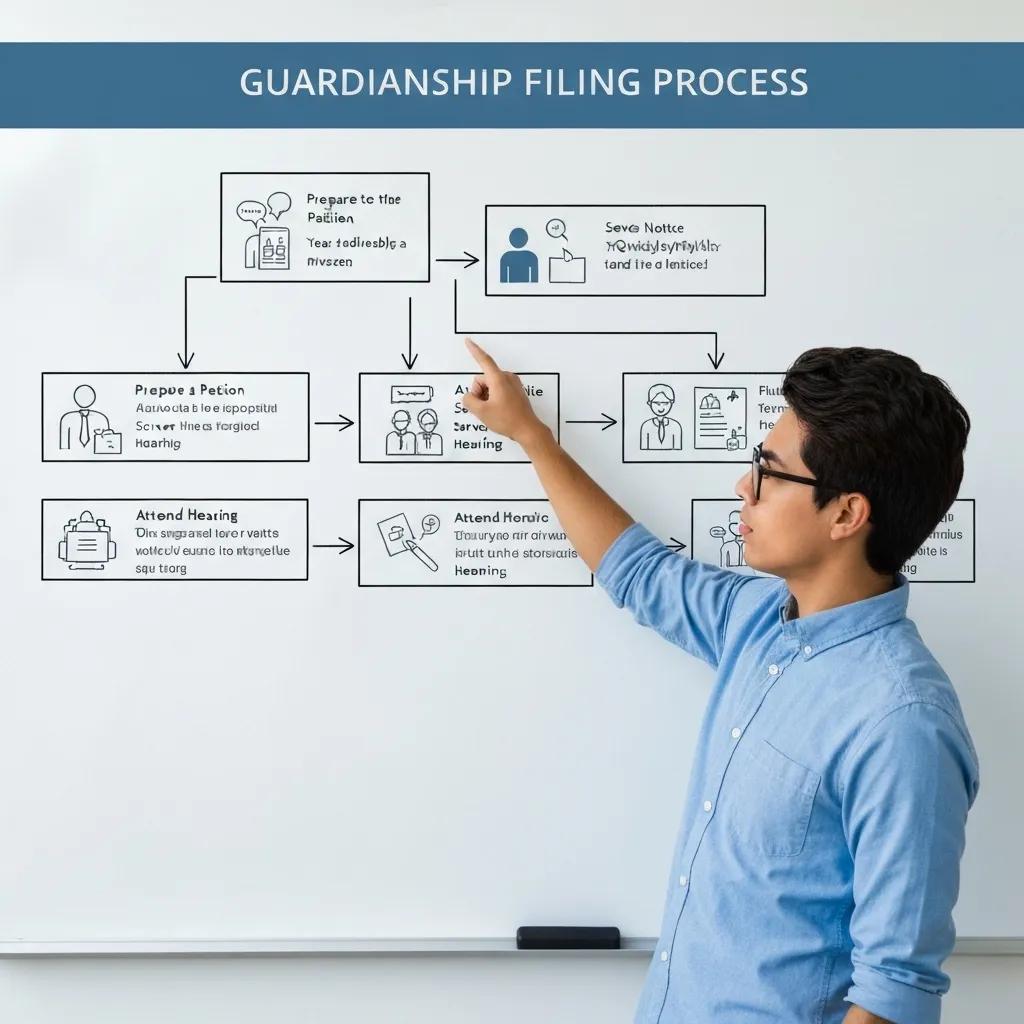 A visual flowchart illustrating the step-by-step guardianship filing process on a whiteboard