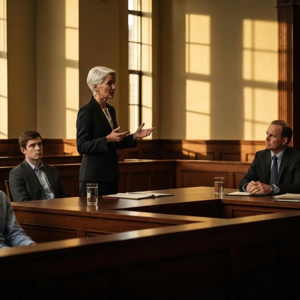 A guardianship lawyer passionately advocating in a courtroom, illustrating the complexities and legal strategies involved in contested guardianship cases.