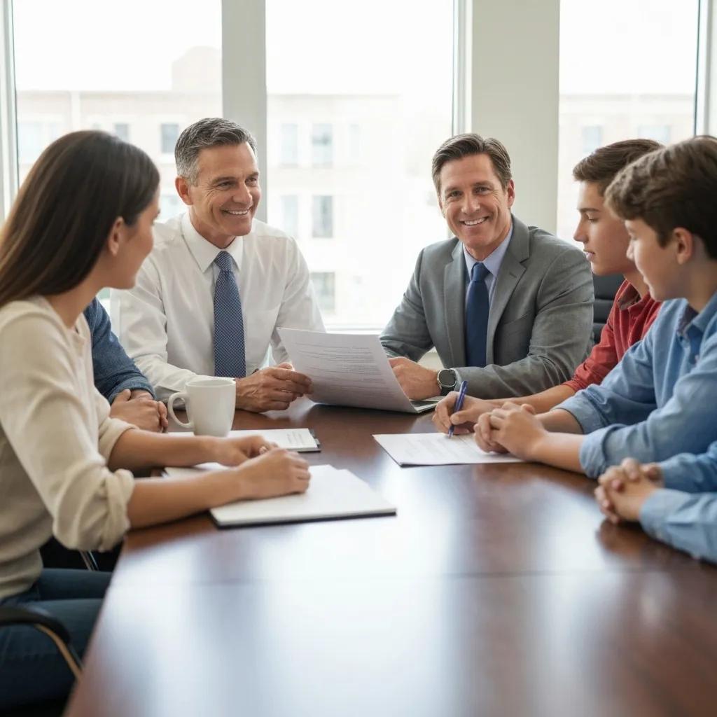 Lawyer explaining legal documents to a family in a professional office setting, illustrating the guardianship petition process