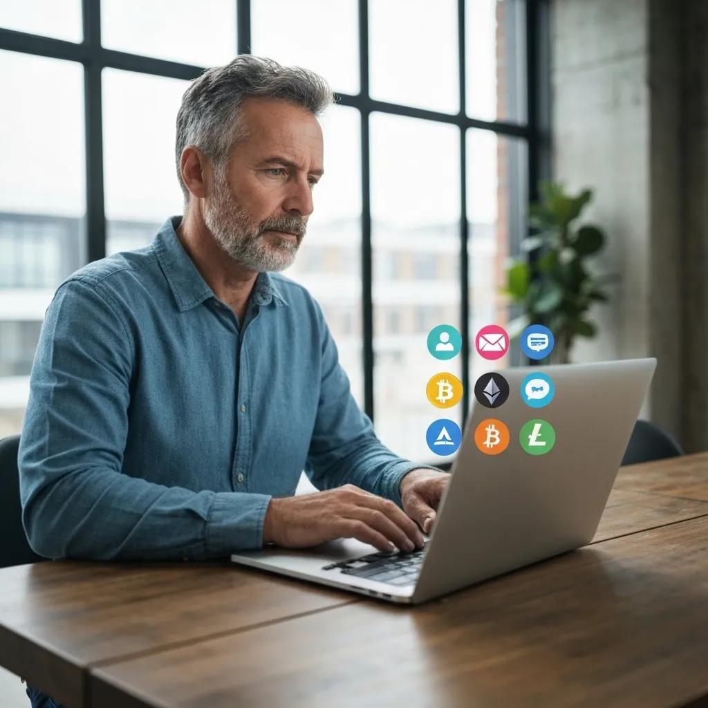 A person actively managing their digital assets on a laptop, surrounded by icons representing various online accounts.