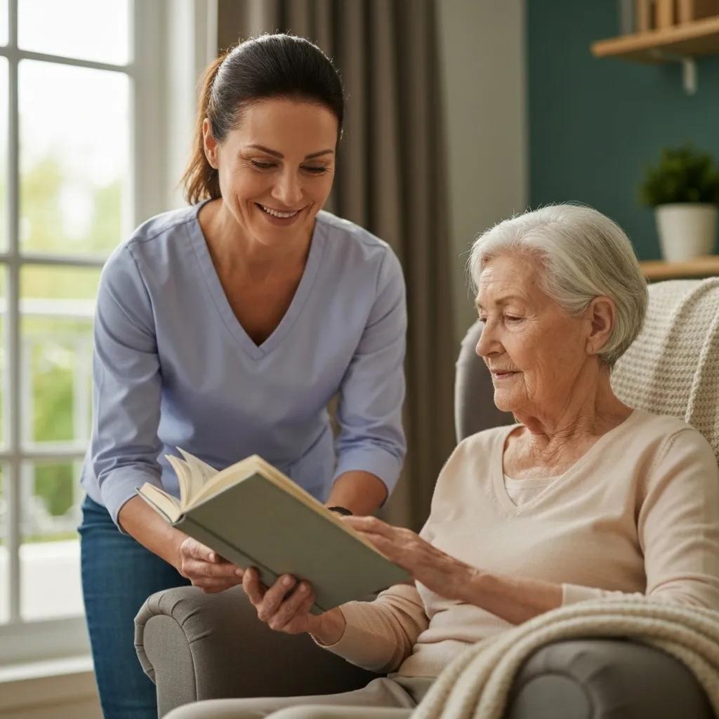 A caregiver providing assistance to an elderly individual in a comfortable living space